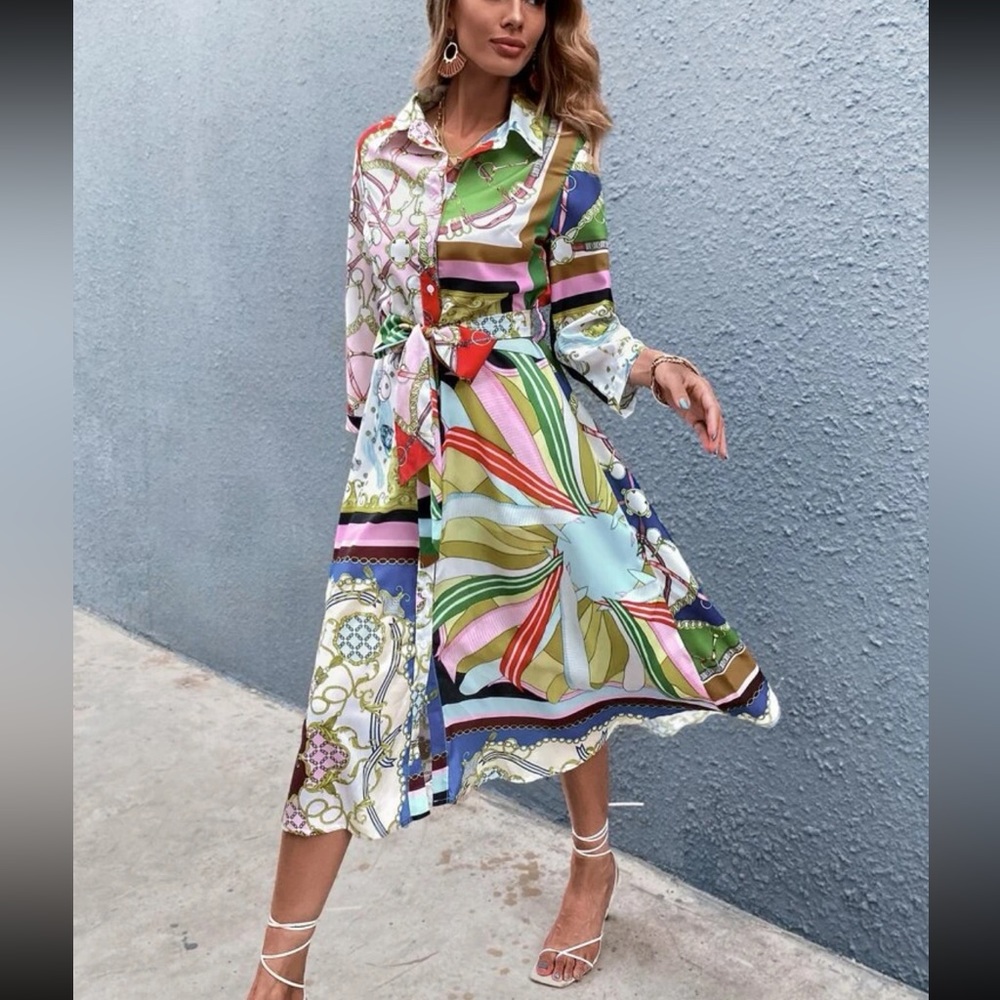 Multi-Color Chain Print Shirt Dress